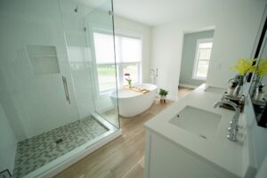 a custom bathroom remodeled by C4 Builders. it is sleek and modern but comfortable